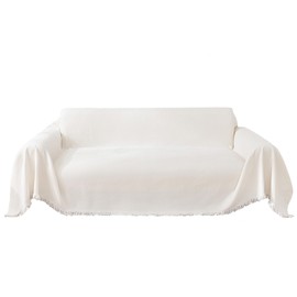 DreDecor Chenille Couch Sofa Cover for 2 Cushion Couch, Couch Cover for Dogs Washable, Soft Durable Large Couch Sofa Slipcover with Tassel, White, 91" x 110"