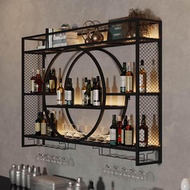 Liquor Bottles Bar Shelves Wall Mounted with LED Lighting Glass Holder, Wine Rack 3-Tiers Display Storage Organizer Hanging Long Stemware Goblet Metal for Home Cellar Black 39in