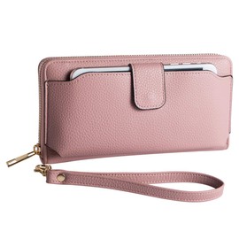 Women Wristlet Wallet with Cell Phone Holder Zip Around Handbag Mauve Large