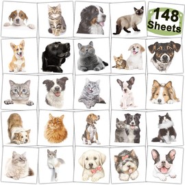 CHARLENT 148 Pieces Temporary Dog Cat Tattoos for Kids - 3D Tattoos with Custom Puppy/Kitten for Boys and Girls, Animals, Birthday Party Gifts and Goodie Bag Fillers