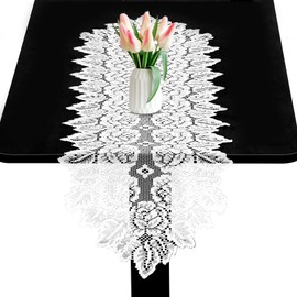 2 PCS White Lace Table Runner 45" X 13" Cotton Crochet Lace Rectangular Table Runner Floral Embroidered Lace Runner for Wedding Bridal Shower Baby Shower Party Table Decoration