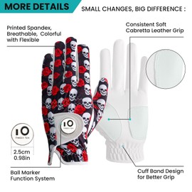 FINGER TEN Golf Gloves Men Left Hand Right with Ball Marker Cabretta Leather Weathersof Rain Grip Value Pack,Mens Golf Glove Fashion Pattern Wear Resistant (Black/Red-1 Pack, M-Worn on Left Hand)