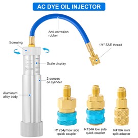 AC Oil Injector Kit for R1234YF R134A R410A, AC Dye Oil Injector Kit with 1/4" SAE Connector, R1234YF R134A Low Side Quick Coupler, R410 Mini Split Adapter, R1234YF Dye Injector for HVAC System