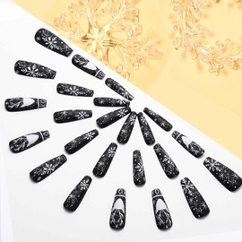 Christmas Press on Nails Coffin Long Length, 24Pcs Black Artificial Winter Fake Nails with White Snow Elk Designs Glossy Full Cover False Nails Glue Stick on Fingernails for Women(JP1295)