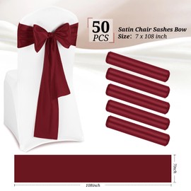 Pesonlook 50Pcs Satin Chair Sashes Ties, Burgundy Satin Chair Sashes Bows Chair Cover Back Tie Supplies for Wedding Reception Events Banquets Party, Hotel Event, Chairs Decoration