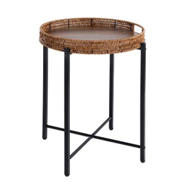 JYXIN 16.5in Round Rattan Side Table with Wooden Top，Small Round Wicker End Table，Wicker Patio Side Table，Rattan End Table for Indoor Use, Patio, Living Room, Bedroom, or Balcony