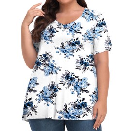 Tencede Womens Plus Size Tops Short Sleeve Tunic Shirts V Neck Summer Floral Loose Fit Blouse Blue Rose 3X