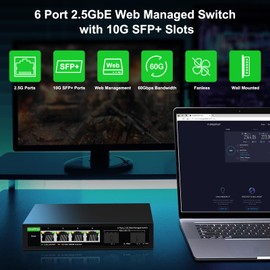 GoodTop 6 Port 2.5Gb Smart Managed Switch,4 x 2.5GbE Ports,2 x 10G SFP+,Web Managed with Static Link Aggregation/VLAN/QOS, Metal Fanless Home Lab Network Switch
