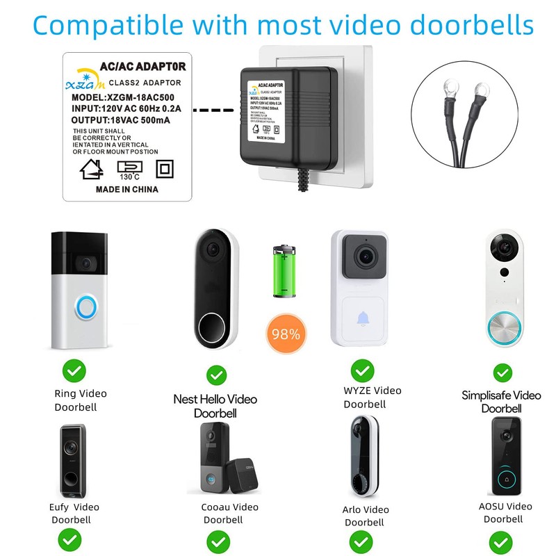 Black Video doorbell Special Power Transformer,18V500MA doorbell Power Adapter, Compatible