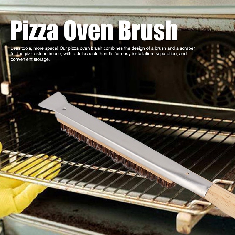 Pizza Oven Brush with Scraper Detachable Wooden Handle Coconut Fiber