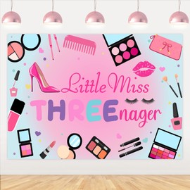 kreat4joy Little Miss Threenager Birthday Decorations Girls, 3rd Birthday Decorations Backdrop Banner for 3 Year Old Girl Makeup Party Decorations 3 x 5 Ft