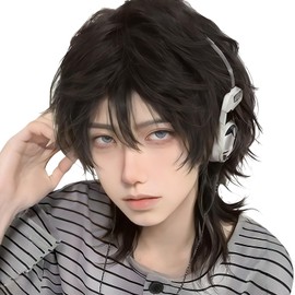 Sofeiyan Men's Short Wig, Ideal for Small Face, Wolf Cut, Wig, Black, Men's Wig, Straight, Full Wig, Natural, Everyday Use, Imechen, Unisex, Heat Resistant, Wig Net Included (Black Brown)