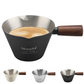 Mongdio Espresso Measuring Cup, Stainless Steel Espresso Shot Cups with Wooden Handle and Double Spouts, 3.4OZ/100ML, Black