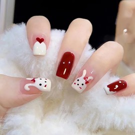 24Pcs Easter Press on Nails Medium Length Square Fake Nails Red Full Cover False Nail with Cute Bunny Designs Glossy Stick on Nails for Women Girls