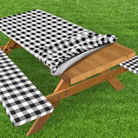 ZAUNFOOY Picnic Table Cover with Bench Covers Elastic Edges, Outdoor Camping Essentials, Fitted 6 Foot Rectangle Tables, Waterproof Windproof Oilproof Wipeable Resistance to Fading. (Black and White)