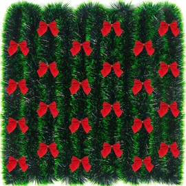 LOKIPA Christmas Tinsel Decorations,33 Feet Green Chunky Xmas Tinsel Garland with Bows for Christmas Tree