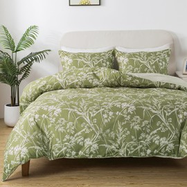 BedTreat Floral Duvet Cover Set Queen Size,3pcs Reversible Pattern-Solid Design Bedding Set,1 Duvet Cover with Zipper Closure & 8 Ties and 2 Pillow Shams,Soft(No Comforter)-Prairie,Sage Green