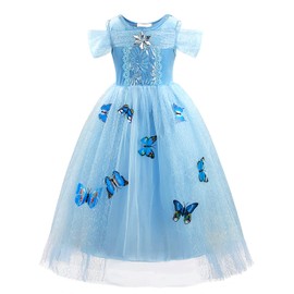 M MUNCASO Girls Cinderella Princess Dress Costume with Butterfly, Blue Dance Gown Short Sleeve for kids, Fancy Tulle Dress for Wedding Prom,Birthday Carnival Party Outfit for 3-8 Years