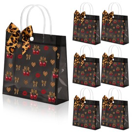 Vicenpal 24 Sets Cheetah Cherry Gift Bags with Handles 24 Pcs Bows PVC Plastic Cherry Leopard Print Cheetah Treat Goodie Snack Bags Party Favors for Women Bachelorette Birthday Party 7.9 x 7.9 x 3.1''