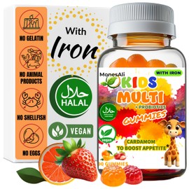 MonesAli Kids Multivitamin Gummies with Iron & Probiotics – Vegan, Gelatin-Free, Halal, Orange & Strawberry Flavors, 90 Count