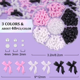120 Pcs 3D Nail Bow Charms + 2-4mm Nail Pearls Set 10, Pink White Black Bow Nail Charms and White Flatback Pearls with Nail Charm Glue Gel(UV Needed) and Pickup Tools for Nail Art Decoration