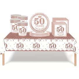 53Pcs Rose Gold 50th Birthday Party Tableware Decorations,50th Birthday Table Cloth Plates and Napkins Cups Sets for Her Women Birthday Table Decorations for 50th Birthday Gifts Dinnerware Supplies