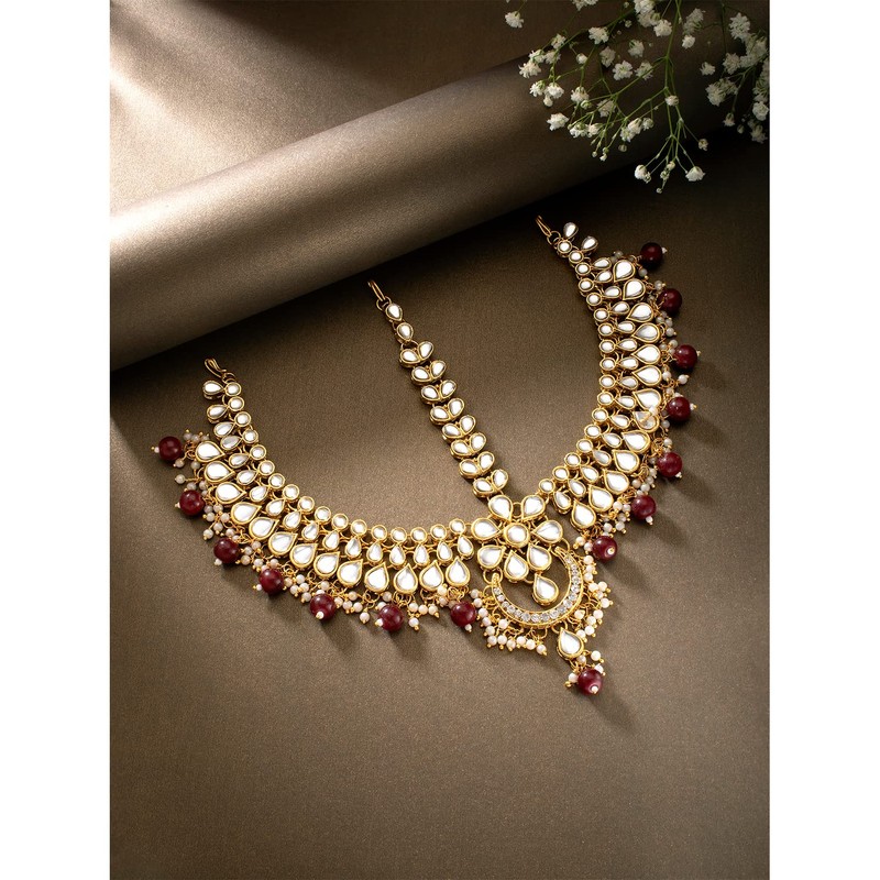 Aheli tradicional chapado en oro rojo Kundan Pearl Maang Tikka