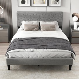 Giantex Upholstered Full Size Bed Frame, Modern Platform Bed with Linen Fabric Geometric Headboard, Mattress Foundation with Wooden Slat Support, No Box Spring Needed, Grey