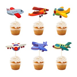 Airplane Cupcake Topper, 12 pcs Plane Birthday Party Decorations Supplies for kids, Baby Shower Favors, Aircraft Sign