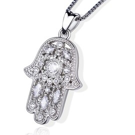 Hamsa Hand Necklace,925 Sterling Silver Pendant Jewelry for Women Men,Vintage Hand of Fatima Evil Eye Necklaces Pendant Jewelry Gift,Sacred Lotus Charm Women's Path of Symbols Success Friendship