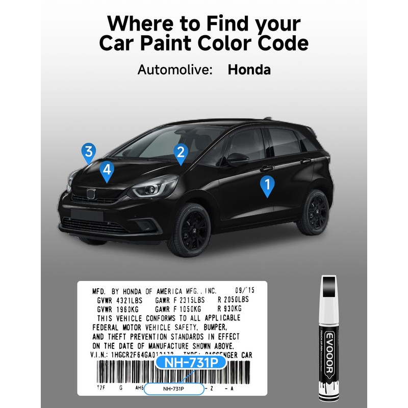 EVOOOR Crystal Black Pearl(NH-731P) Touch Up Paint Compatible with Honda