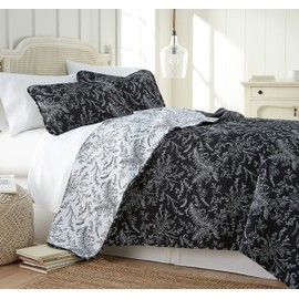 Southshore Fine Living, Inc. Black Quilt Queen Size, Oversized Quilt Bedding Set, Reversible Bed Ensemble, Floral Coverlet, Printed Bedspread 3-Piece with Two Matching Pillow Shams, Full/Queen, Black