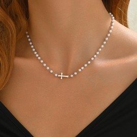 Nawflue Pearl Necklaces for Women White Gold Dainty Pearl Cross Necklace Trendy Beaded Choker Necklace Stainless Steel Bridesmaid Wedding Faith Jewelry