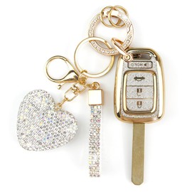 YIKECASE Key Fob Cover with Diamond Keychain Car Key Holder Case Compatible with Honda 2013-2016 Accord Crosstour 2014-2015 CR-V Civic 2016-2017 HR-V Protector for Women 4 Buttons, (White-Heart)