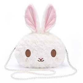 kawaii bunny Crossbody bag,cartoon Plush Rabbit girls wallets,cute Lolita Handbag for kids Teenagers, Lovely Fluffy animal purse (pearl chain) white