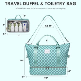 WOOMADA Weekender Overnight Bag for Women, Carry on Shoulder Travel Duffel with Shoes Compartment,Gym Bag with Toiletry Bag(turquoise checkerboard)