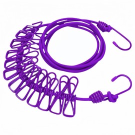 Portable Clothesline with 12 Clips - Extends 12ft, Heavy Duty Stainless Steel Hooks, Windproof for Travel/Camping/Indoor Use, Purple