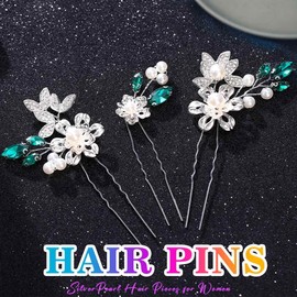 EASEDAILY Flower Bride Wedding Hair Pins Silver Pearl Hair Pieces Crystal Bridal Hair Accessories for Women(Pack of 3) (Green)