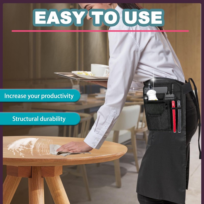 Roucerlin Black Server Pouch for Waitress, Adjustable Serving Waiter Apron