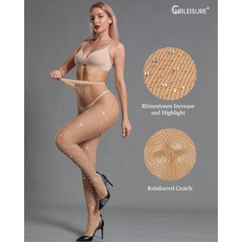 CHRLEISURE Women's Sparkle Rhinestone Fishnets, Sexy Sparkly Glitter Party Concert Outfit Fishnet Stockings (Skin Plus Size)