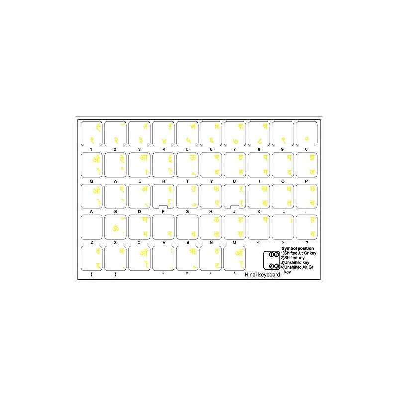 Hindi Keyboard Sticker with Yellow Lettering ON Clear Transparent Background