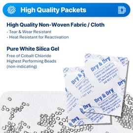 10 Packets of 10 Gram "Dry&Dry" Premium Pure & Safe Silica Gel Desiccant- Rechargeable Fabric