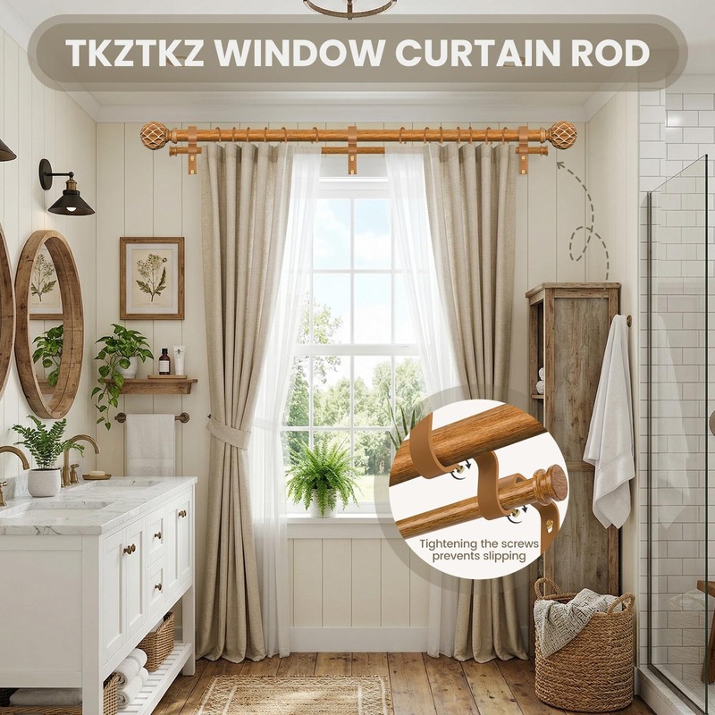 TKZTKZ Wood Double Curtain Rod,1" Adjust Farmhouse Boho Wooden Rods,36-88"