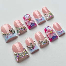 Luxury Press on Nails Short Duck Handmade 3D Unique Reusable ABS Material Fake Nails French Tip False Nails with Designs Flower Butterfly Blue Pink Glossy Glue on Nail Thick Acrylic Nail(M)
