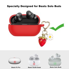 AGAOSH for Beats Solo Buds Case Cover with Cute Strawberry Charm Heart Keychain, Soft Silicone Protective Case Daisy Key Chains for New Beats Solo Charging Case Earbuds for Women Men Red