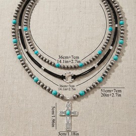 Layered Western Turquoise Cross Necklaces for Women Boho Navajo Pearl Beaded Choker Set Cowgirl Accessories Country Concert Outfits Jewelry For Women Cowboy Chic Oufits