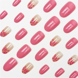 Pink Flower Press on Nails Almond Medium Fake Nails Cute False Nails Florals Rhinestones Glue on Nails Glossy Full Cover Acrylic Artificial Stick on Nails for Women Manicure 24 Pcs