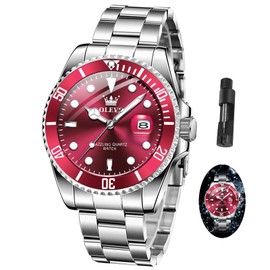 OLEVS Classic Vintage Men's Wrist Watches Dress Silver Quartz Waterproof Dial with Day Date Big Red Face Watches for Men Luxury Analog Reloj para Hombre