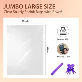 Xsourcer Shrink Wrap Bags for Gift Baskets, Pack of 12, 40"x47" POF Heat Shrink Bags with Purple Gift Bows Ribbons, Clear Polyolefin Shrink Bag, Heat Gun Wrap Bags for Homemade DIY Packaging
