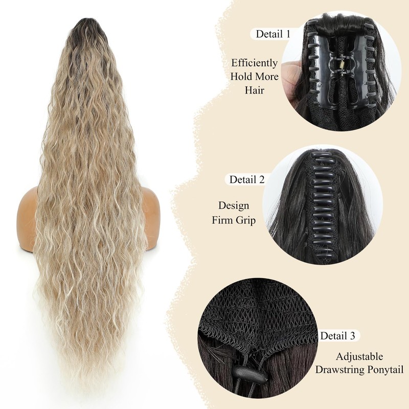Ombre Brown Mix Blonde Curly Claw Ponytail 26", Fluffy Natural